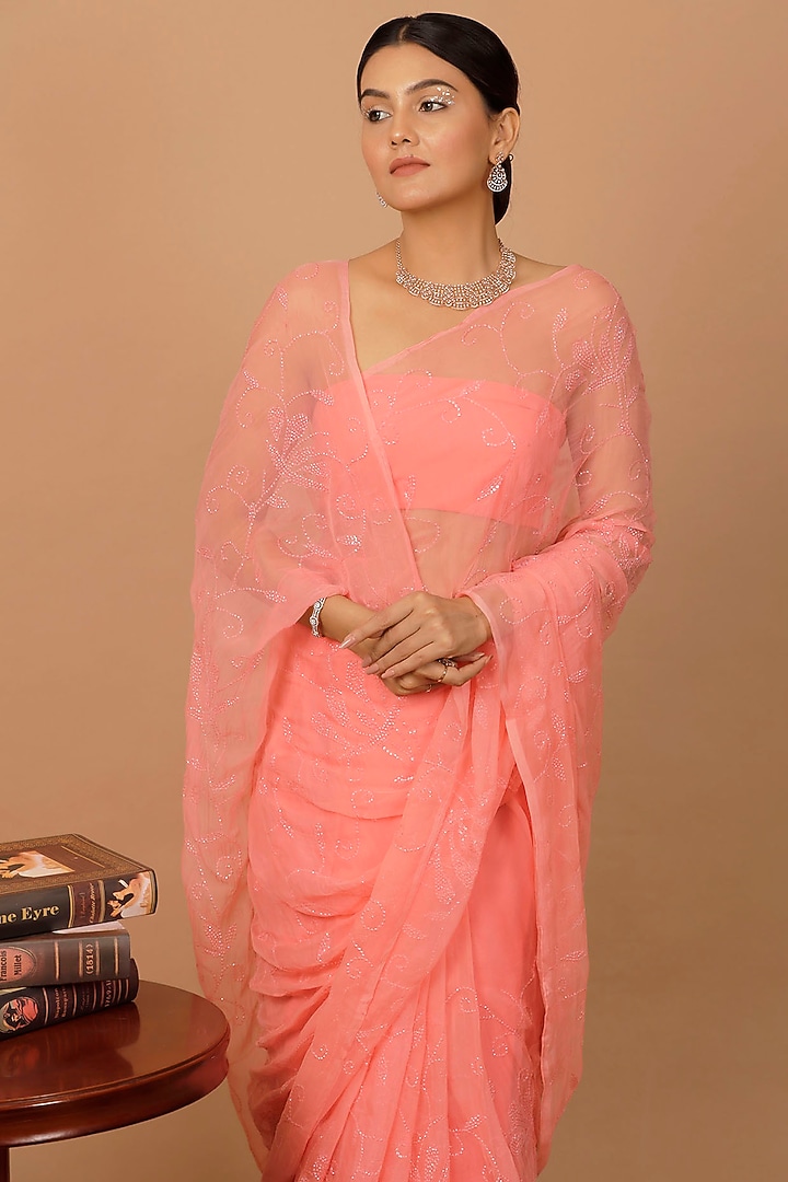 Pink Chiffon Sequins Embroidered Pre-Draped Wedding Saree Set by Geroo Jaipur at Pernia's Pop Up Shop