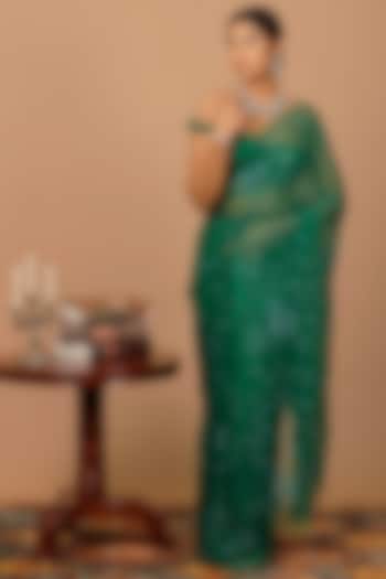 Green Chiffon Sequins Embellished Pre-Draped Wedding Saree Set by Geroo Jaipur at Pernia's Pop Up Shop