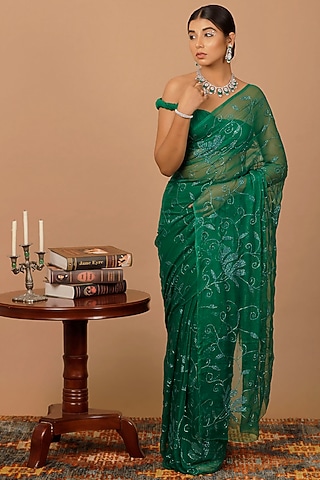 Green Chiffon Sequins Embellished Pre-Draped Saree Set by Geroo Jaipur