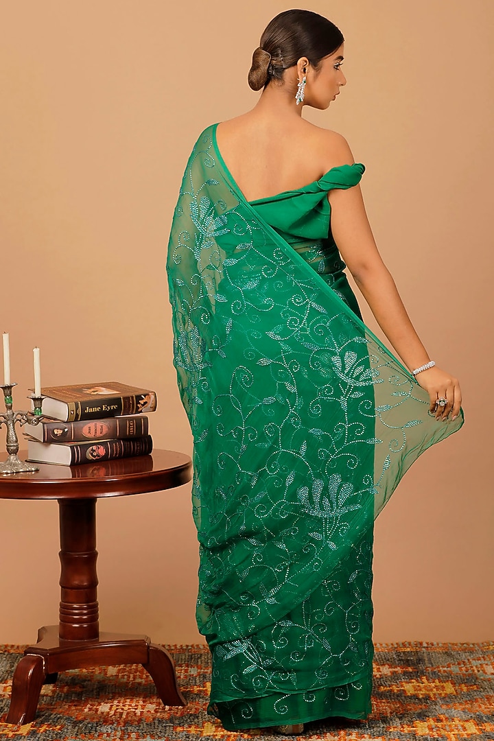 Green Chiffon Sequins Embellished Pre-Draped Wedding Saree Set by Geroo Jaipur at Pernia's Pop Up Shop