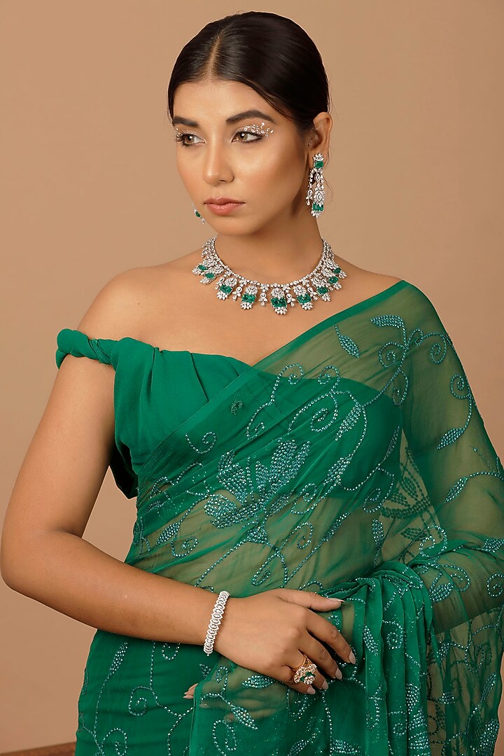 Green Chiffon Sequins Embellished Pre-Draped Wedding Saree Set by Geroo Jaipur at Pernia's Pop Up Shop