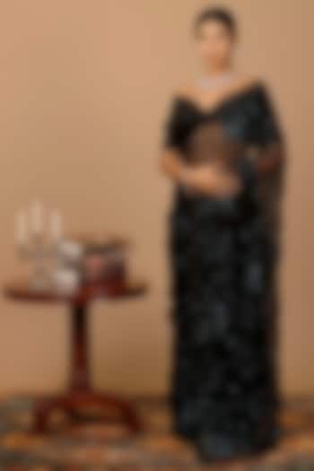 Black Chiffon Sequins Embellished Pre-Draped Wedding Saree Set by Geroo Jaipur at Pernia's Pop Up Shop