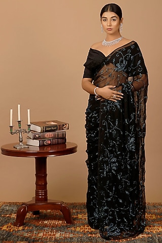Black Chiffon Sequins Embellished Pre-Draped Saree Set by Geroo Jaipur