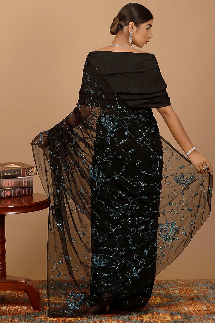 Black Chiffon Sequins Embellished Pre-Draped Wedding Saree Set by Geroo Jaipur at Pernia's Pop Up Shop