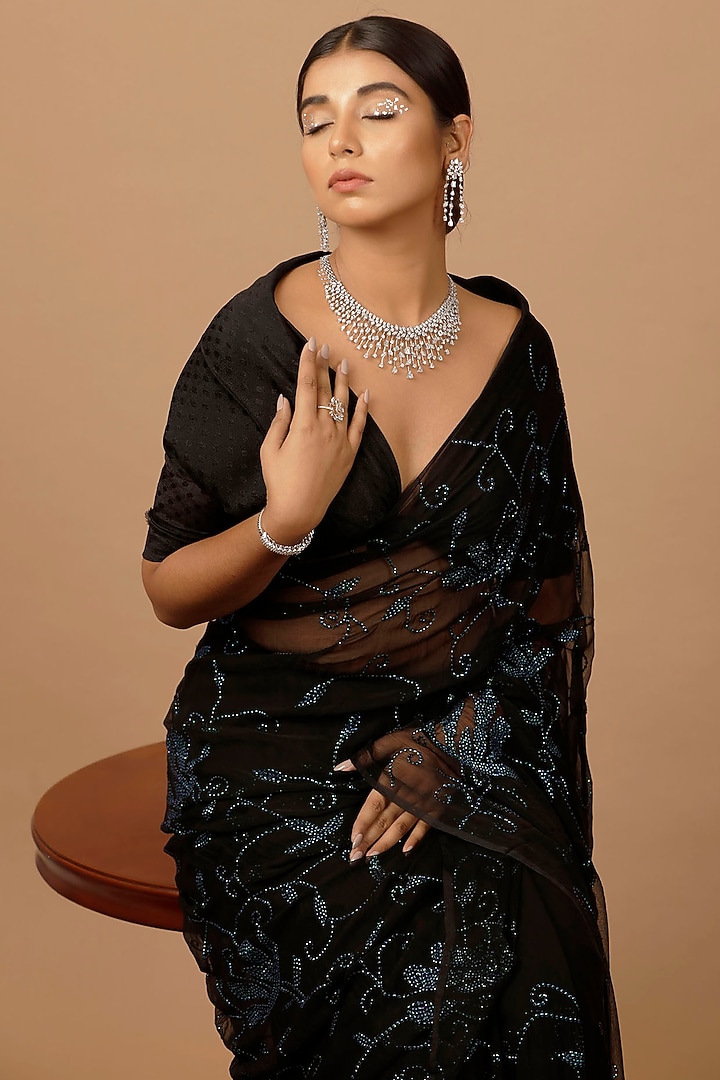 Black Chiffon Sequins Embellished Pre-Draped Wedding Saree Set by Geroo Jaipur at Pernia's Pop Up Shop