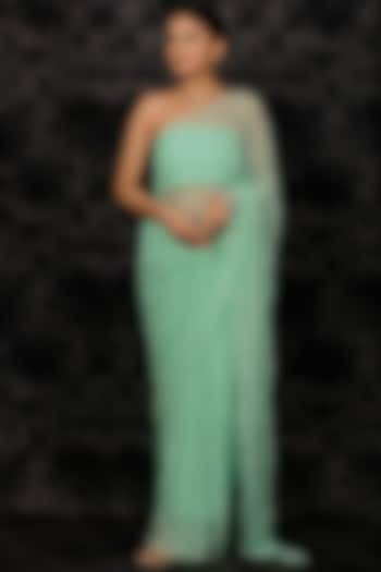 Sea Green Chiffon Sequins Embellished Pre-Draped Wedding Saree Set by Geroo Jaipur at Pernia's Pop Up Shop