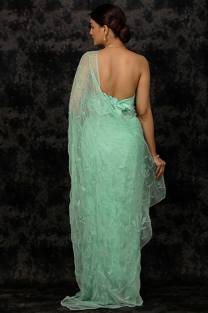 Sea Green Chiffon Sequins Embellished Pre-Draped Wedding Saree Set by Geroo Jaipur at Pernia's Pop Up Shop