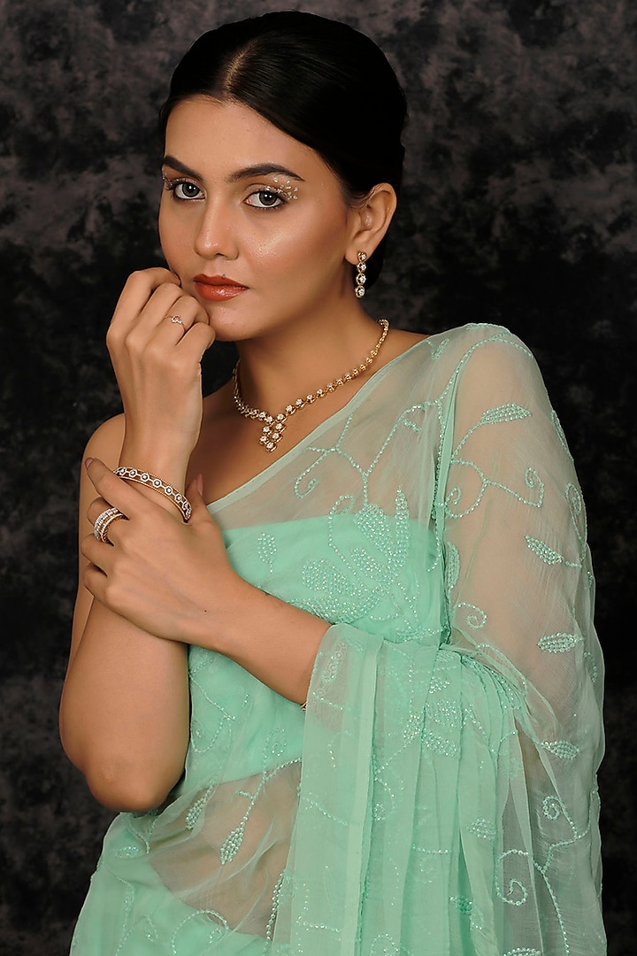 Sea Green Chiffon Sequins Embellished Pre-Draped Wedding Saree Set by Geroo Jaipur at Pernia's Pop Up Shop