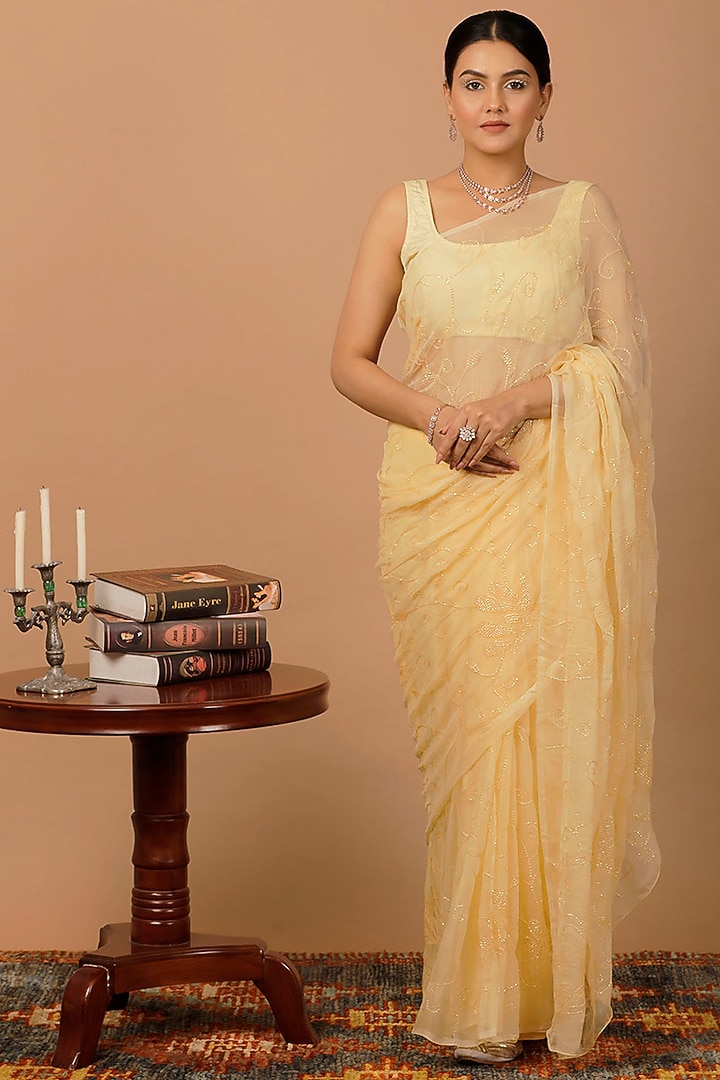 Beige Chiffon Sequins Embellished Pre-Draped Wedding Saree Set by Geroo Jaipur at Pernia's Pop Up Shop