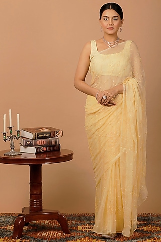 Beige Chiffon Sequins Embellished Pre-Draped Saree Set by Geroo Jaipur