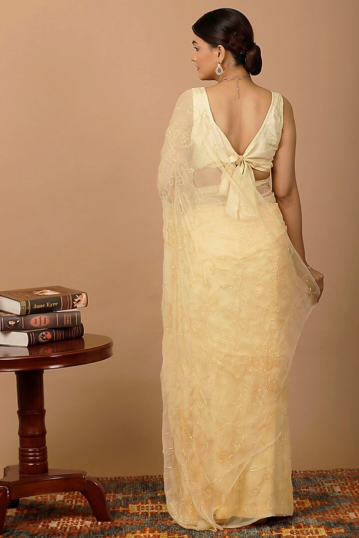 Beige Chiffon Sequins Embellished Pre-Draped Wedding Saree Set by Geroo Jaipur at Pernia's Pop Up Shop