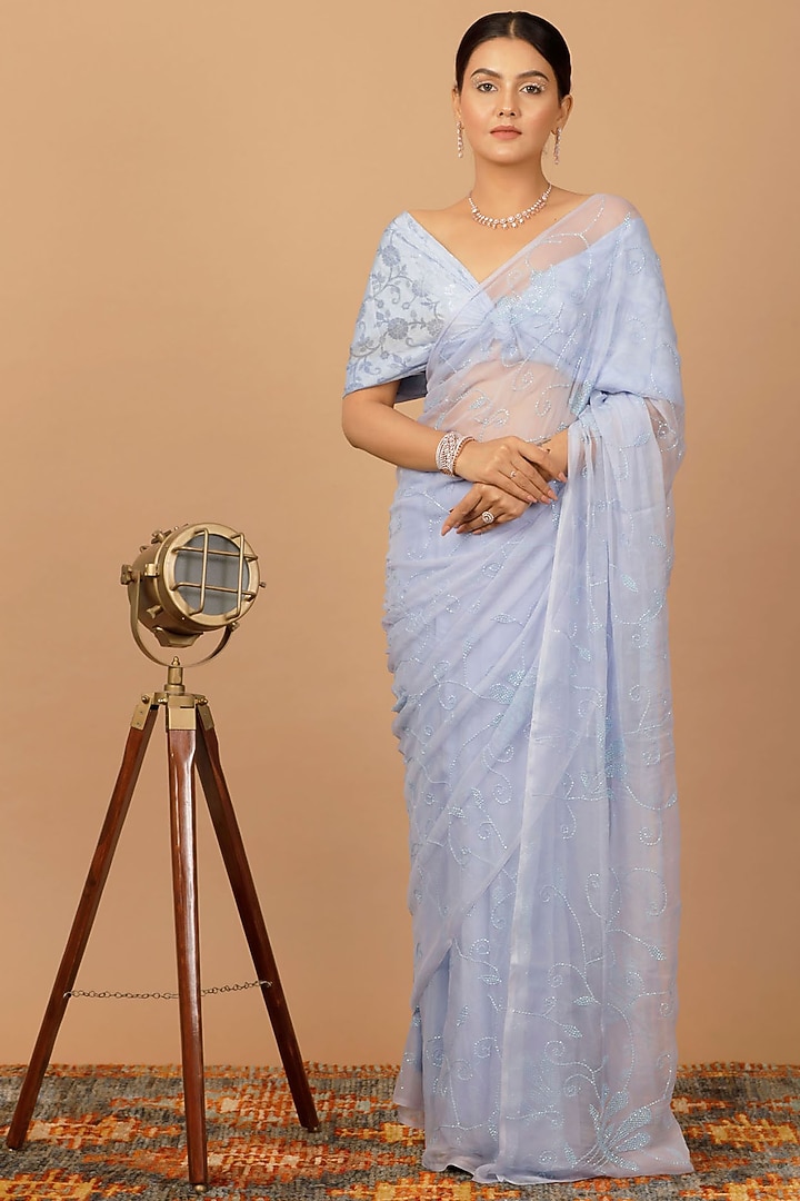 Lavender Chiffon Sequins Embellished Pre-Draped Wedding Saree Set by Geroo Jaipur at Pernia's Pop Up Shop