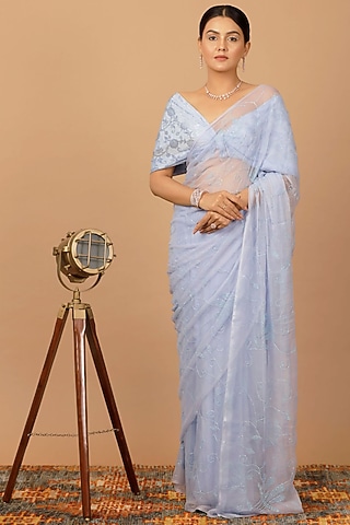 Lavender Chiffon Sequins Embellished Pre-Draped Saree Set by Geroo Jaipur
