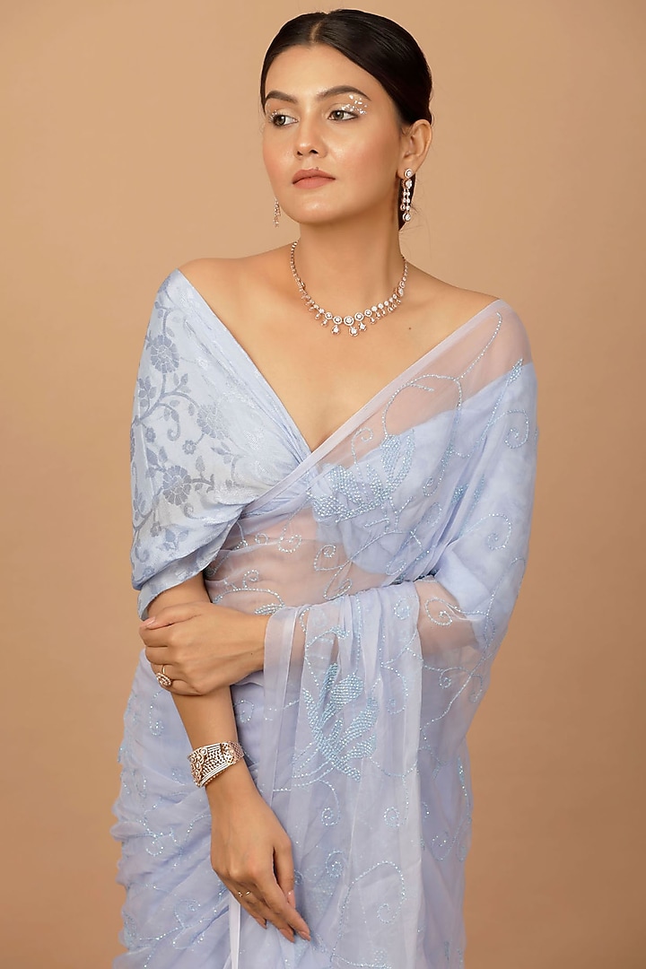 Lavender Chiffon Sequins Embellished Pre-Draped Wedding Saree Set by Geroo Jaipur at Pernia's Pop Up Shop