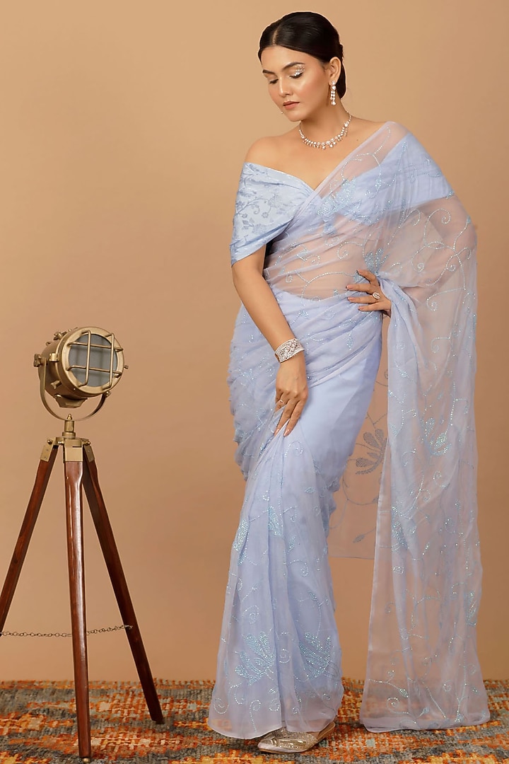 Lavender Chiffon Sequins Embellished Pre-Draped Wedding Saree Set by Geroo Jaipur at Pernia's Pop Up Shop
