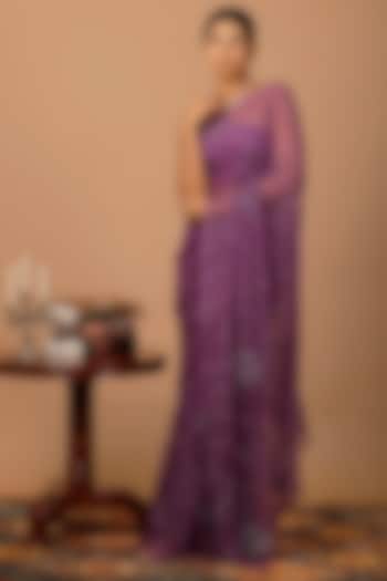 Purple Chiffon Sequins Embellished Pre-Draped Wedding Saree Set by Geroo Jaipur at Pernia's Pop Up Shop
