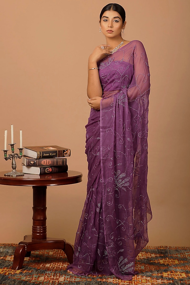 Purple Chiffon Sequins Embellished Pre-Draped Wedding Saree Set by Geroo Jaipur at Pernia's Pop Up Shop