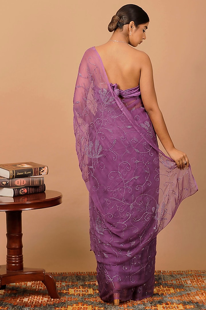 Purple Chiffon Sequins Embellished Pre-Draped Wedding Saree Set by Geroo Jaipur at Pernia's Pop Up Shop