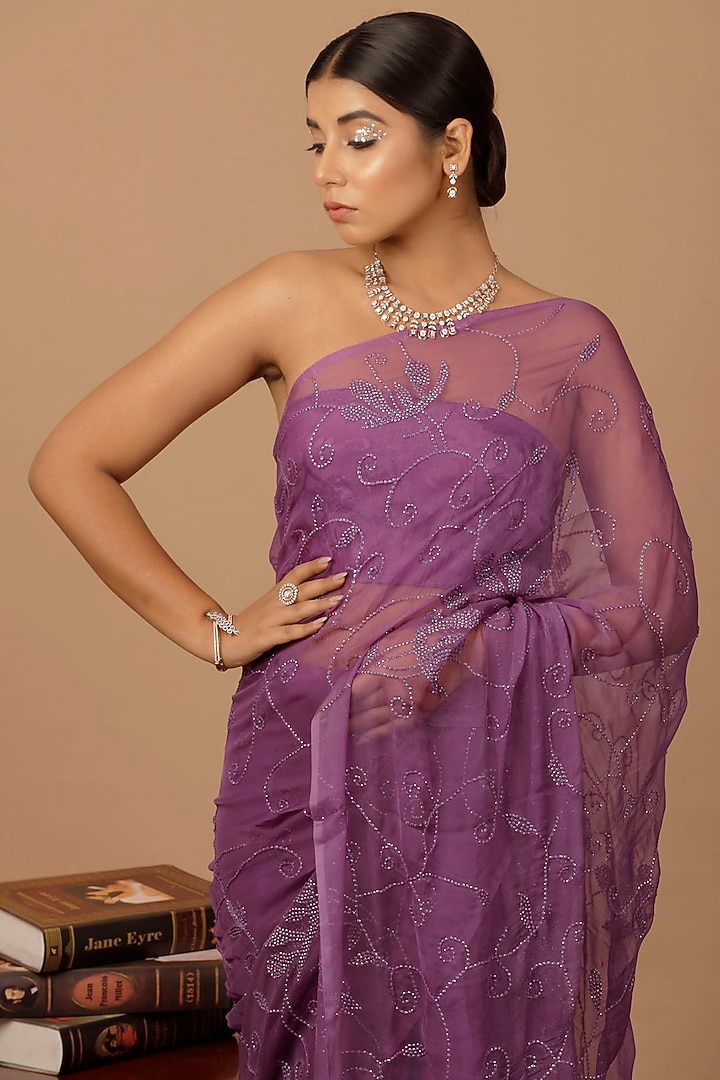 Purple Chiffon Sequins Embellished Pre-Draped Wedding Saree Set by Geroo Jaipur at Pernia's Pop Up Shop