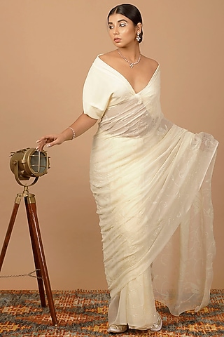 Off-White Chiffon Sequins Embellished Pre-Draped Saree Set by Geroo Jaipur