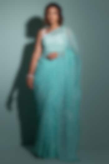 Aqua Chiffon Hand Embroidered Pre-Draped Wedding Saree Set by Geroo Jaipur at Pernia's Pop Up Shop