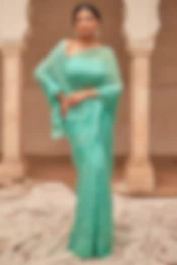 Aqua Chiffon Hand Embroidered Pre-Draped Wedding Saree Set by Geroo Jaipur at Pernia's Pop Up Shop