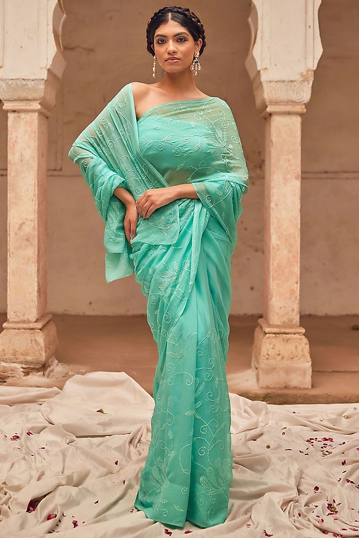 Aqua Chiffon Hand Embroidered Pre-Draped Wedding Saree Set by Geroo Jaipur at Pernia's Pop Up Shop