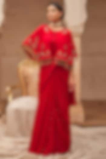 Red Chiffon Hand Embroidered Pre-Draped Wedding Saree Set by Geroo Jaipur at Pernia's Pop Up Shop