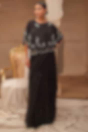 Black Chiffon Hand Embroidered Pre-Draped Wedding Saree Set by Geroo Jaipur at Pernia's Pop Up Shop