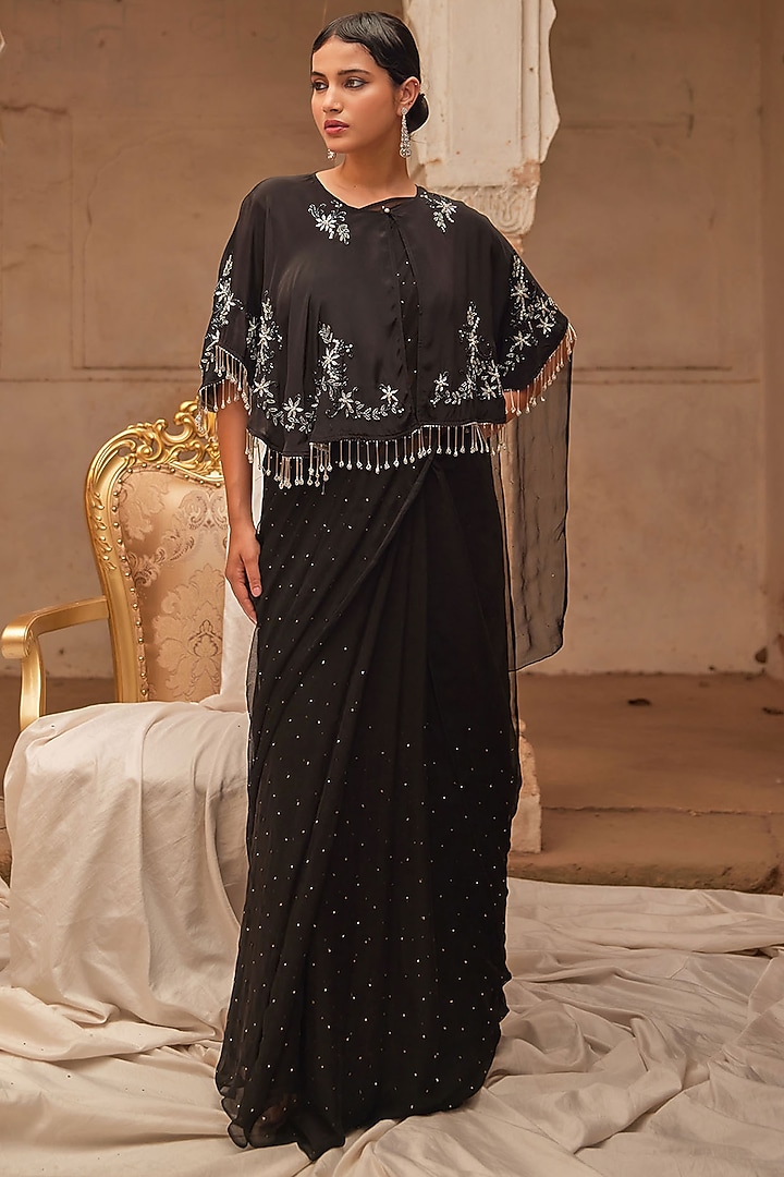 Black Chiffon Hand Embroidered Pre-Draped Wedding Saree Set by Geroo Jaipur at Pernia's Pop Up Shop