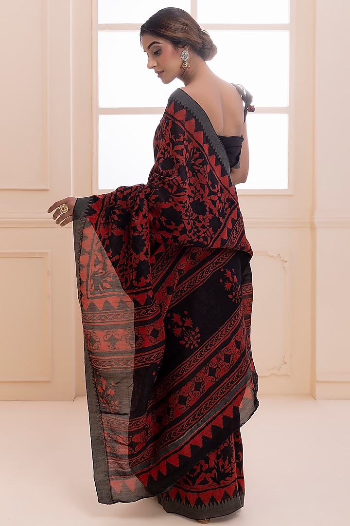 Red & Black Pure Chanderi Hand Block Printed Festive Saree Set by Geroo Jaipur at Pernia's Pop Up Shop
