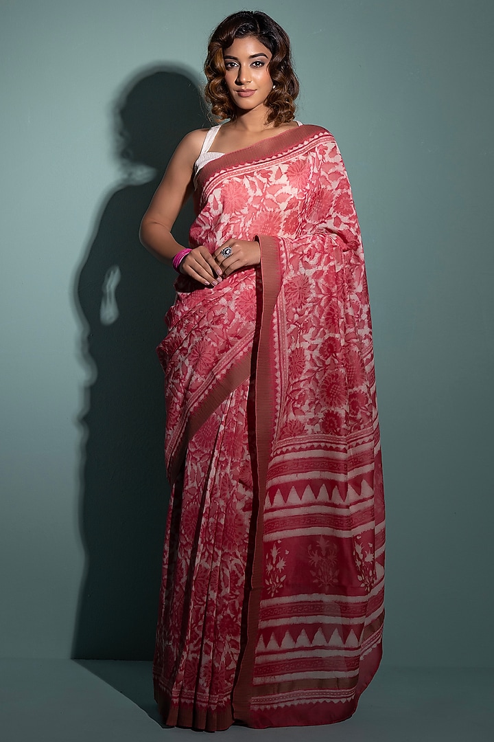Pink Pure Chanderi Hand Block Printed Festive Saree Set by Geroo Jaipur at Pernia's Pop Up Shop