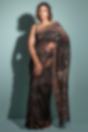 Black & Beige Pure Chanderi Ajrakh Hand Block Printed Handloom Party Wear Saree Set by Geroo Jaipur at Pernia's Pop Up Shop