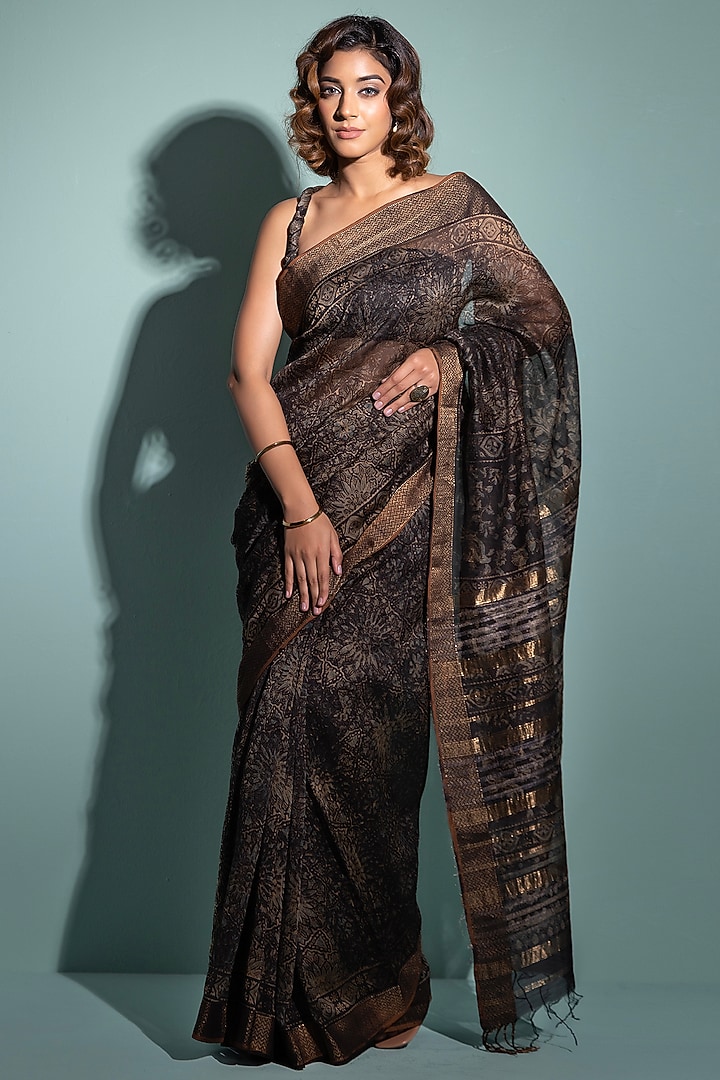 Black & Beige Pure Chanderi Ajrakh Hand Block Printed Handloom Party Wear Saree Set by Geroo Jaipur at Pernia's Pop Up Shop