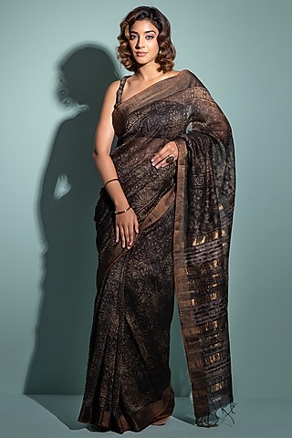 Black & Beige Pure Chanderi Ajrakh Hand Block Printed Handloom Saree Set by Geroo Jaipur