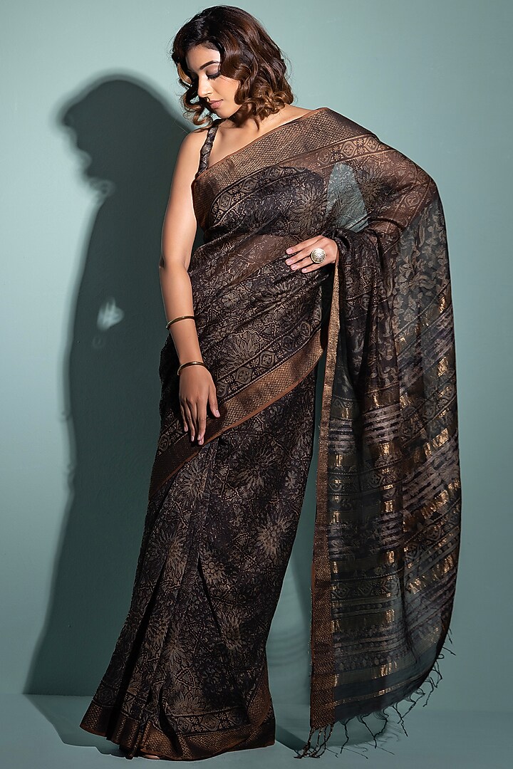 Black & Beige Pure Chanderi Ajrakh Hand Block Printed Handloom Party Wear Saree Set by Geroo Jaipur at Pernia's Pop Up Shop