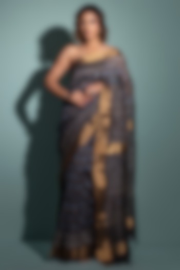 Black & Blue Pure Chanderi Ajrakh Hand Block Printed Party Wear Saree Set by Geroo Jaipur at Pernia's Pop Up Shop