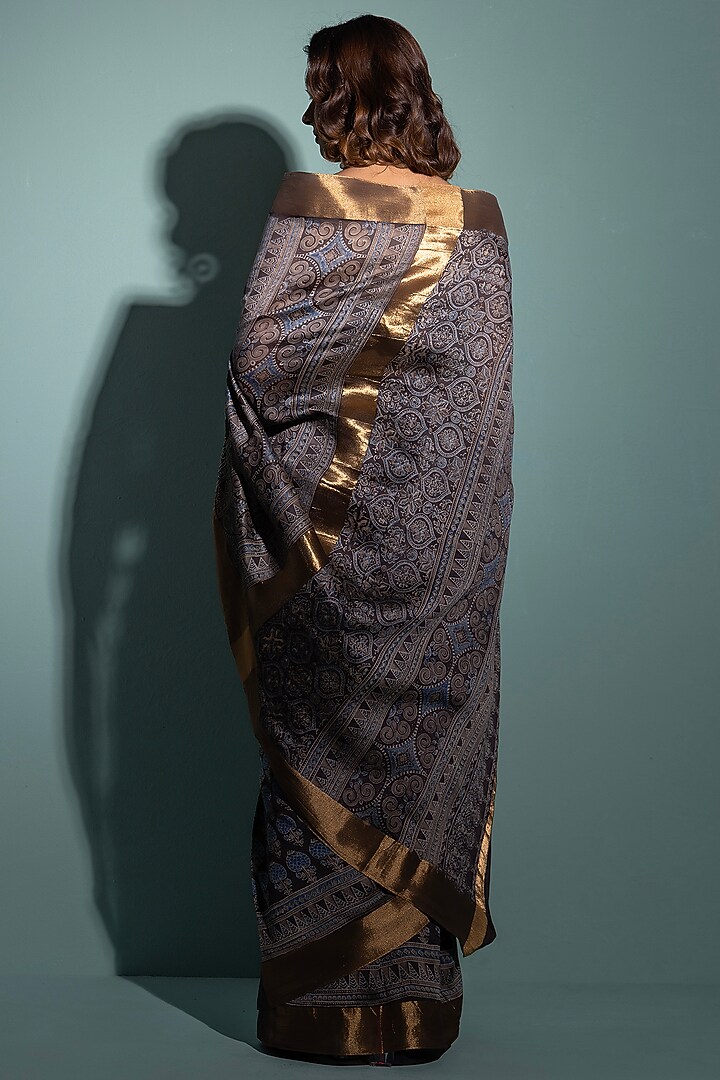 Black & Blue Pure Chanderi Ajrakh Hand Block Printed Party Wear Saree Set by Geroo Jaipur at Pernia's Pop Up Shop