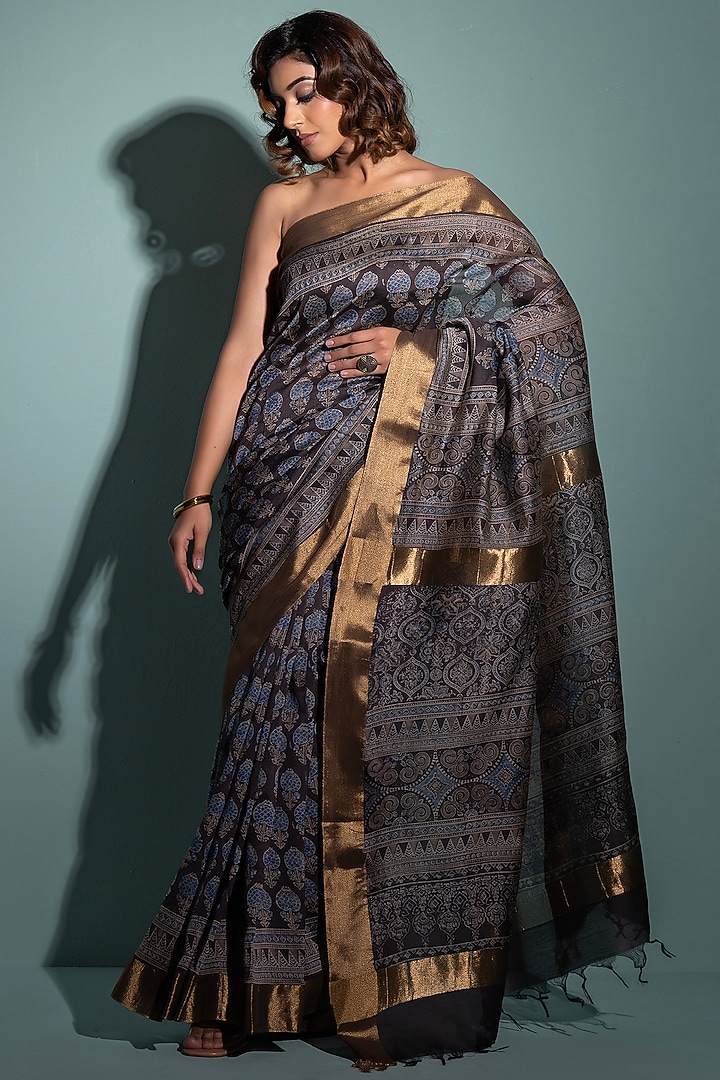 Black & Blue Pure Chanderi Ajrakh Hand Block Printed Party Wear Saree Set by Geroo Jaipur at Pernia's Pop Up Shop