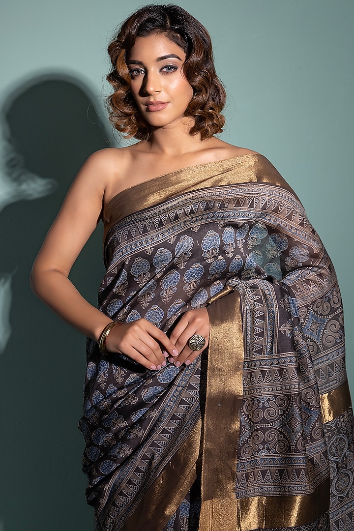 Black & Blue Pure Chanderi Ajrakh Hand Block Printed Party Wear Saree Set by Geroo Jaipur at Pernia's Pop Up Shop