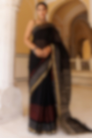 Black & Red Pure Kota Silk Hand Block Printed Festive Saree Set by Geroo Jaipur at Pernia's Pop Up Shop