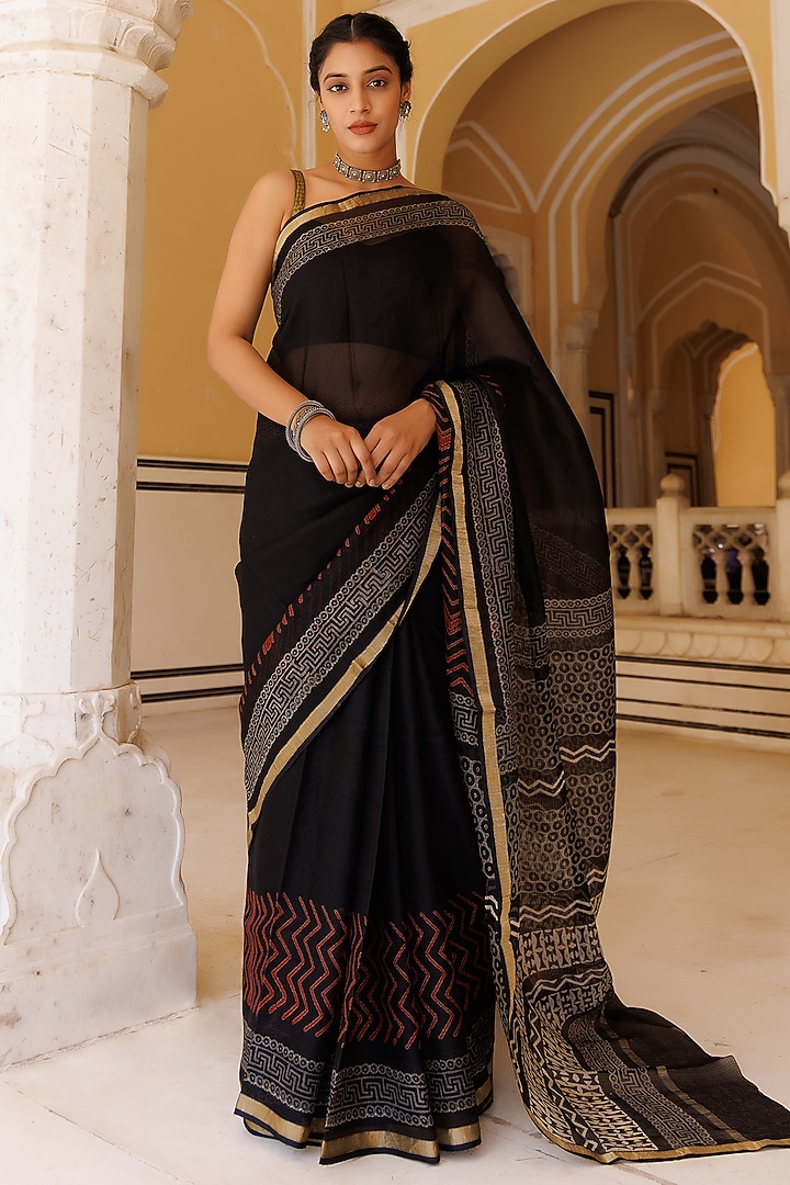 Black & Red Pure Kota Silk Hand Block Printed Festive Saree Set by Geroo Jaipur at Pernia's Pop Up Shop