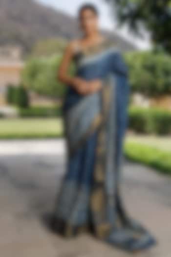 Indigo Pure Tussar Silk Hand Block Printed Party Wear Saree Set by Geroo Jaipur at Pernia's Pop Up Shop