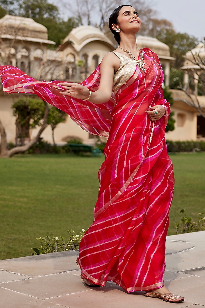 Red & Pink Kota Silk Hand-Dyed Leheriya Saree Set by Geroo Jaipur