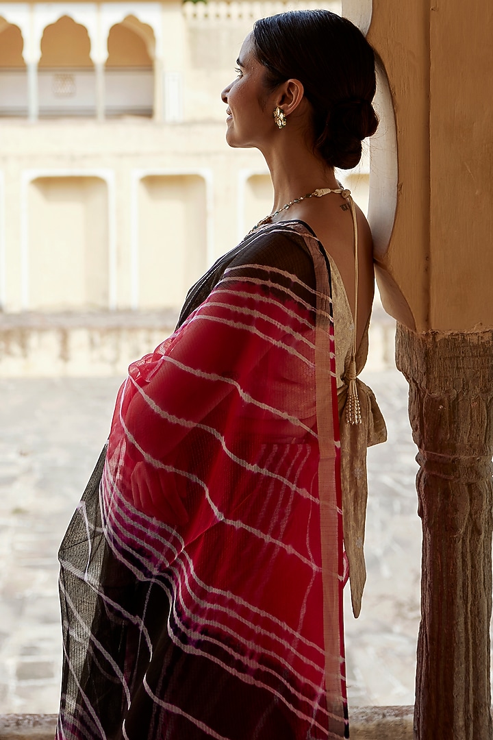 Red & Black Kota Silk Hand-Dyed Leheriya Festive Saree Set by Geroo Jaipur at Pernia's Pop Up Shop