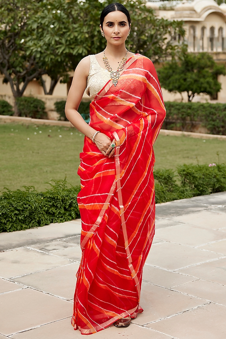 Red & Orange Kota Silk Hand-Dyed Leheriya Saree Set by Geroo Jaipur
