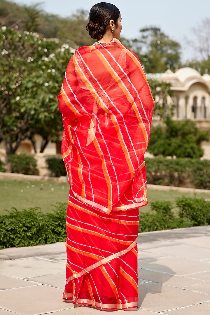 Red & Orange Kota Silk Hand-Dyed Leheriya Festive Saree Set by Geroo Jaipur at Pernia's Pop Up Shop