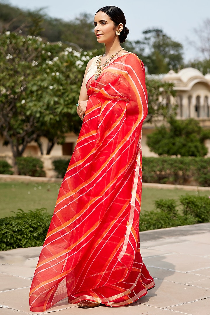 Red & Orange Kota Silk Hand-Dyed Leheriya Festive Saree Set by Geroo Jaipur at Pernia's Pop Up Shop