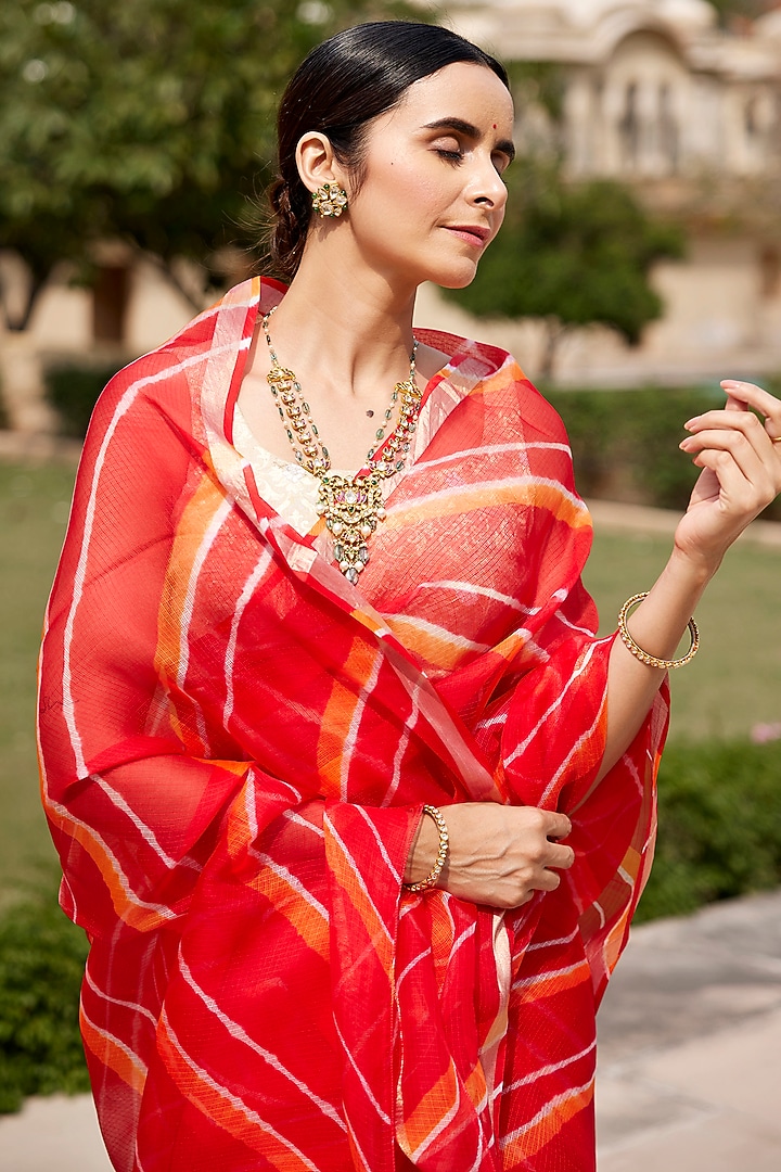 Red & Orange Kota Silk Hand-Dyed Leheriya Festive Saree Set by Geroo Jaipur at Pernia's Pop Up Shop