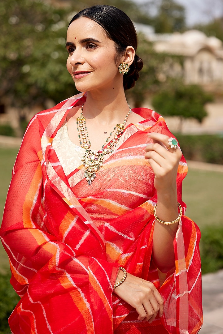 Red & Orange Kota Silk Hand-Dyed Leheriya Festive Saree Set by Geroo Jaipur at Pernia's Pop Up Shop